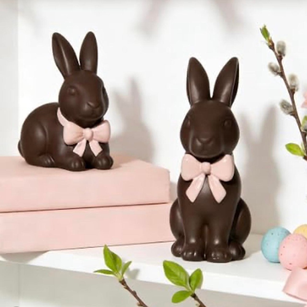 Brown Resin Chocolate Bunny Pink Bow Set